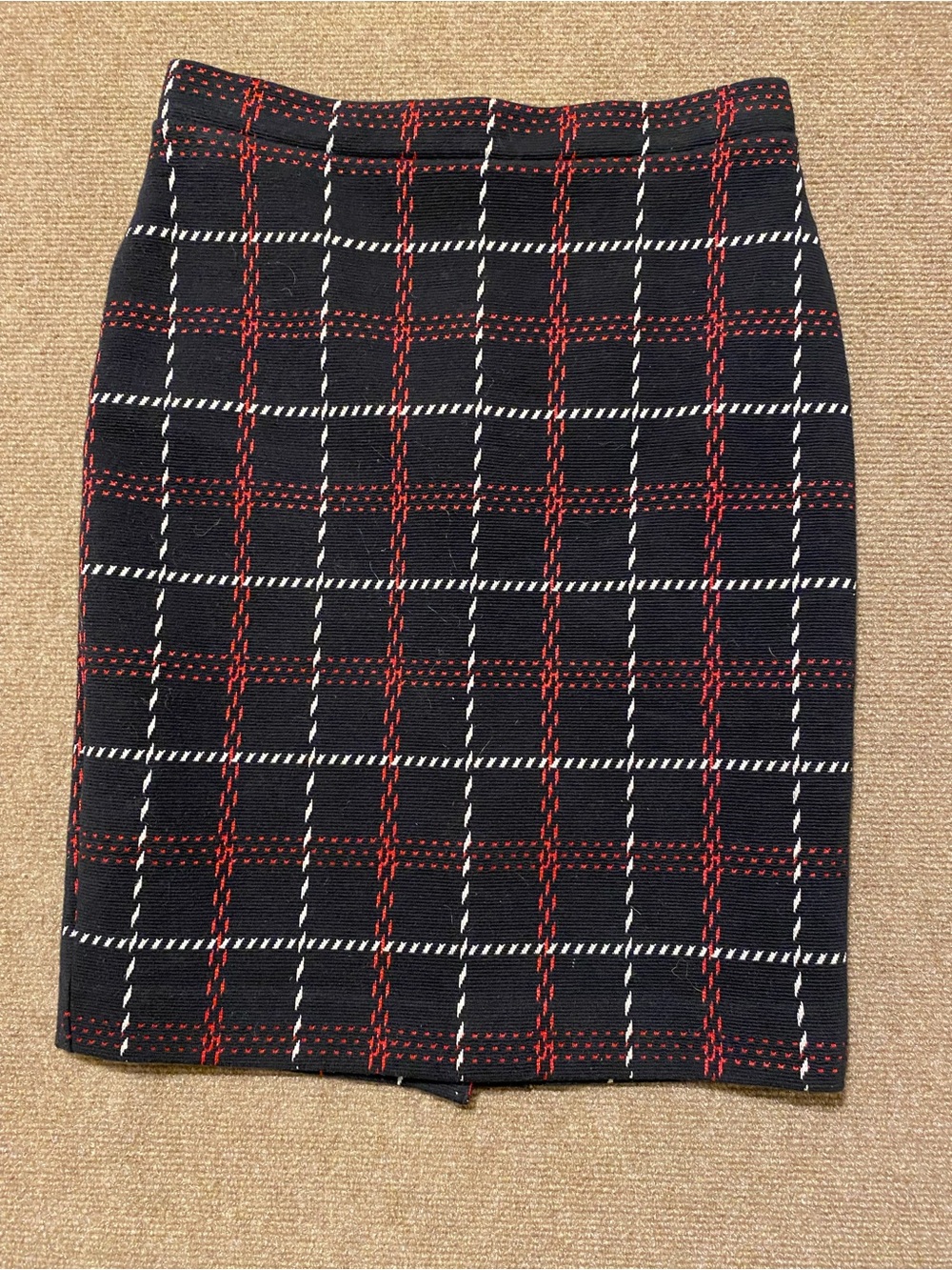 Ann Taylor Petite Grid Plaid Tweed Pencil Skirt Black Red White XSP